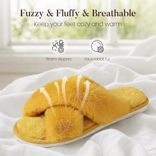 Image of Ankis Women's Fuzzy Slippers Cross Band Memory Foam Open Toe Comfy Soft House Shoes Anti-Slip Indoor Outdoor Gifts for Women