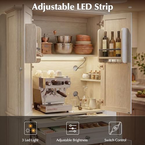 Image of 72.2 inch Tall Kitchen Pantry Cabinet with Doors, Farmhouse Storage Cabinet with Charging Station & LED Light, Drawer, Adjustable Shelves and Pull-Out Shelves, White Wood Pantry Cupboard for Dining Room