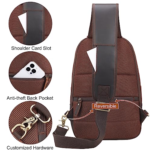 TIDING Men's Vintage Leather Crossbody Sling Bag Outdoor Travel Chest Bag Shoulder Daypack Fits 12.9" iPad2