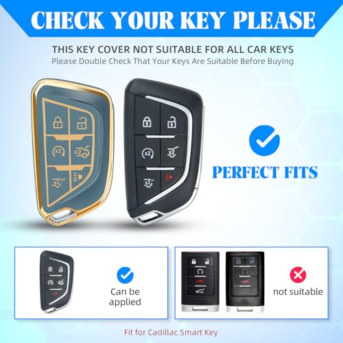 Image of QBUC for Cadillac Key Fob Cover with Leather Keychain (Gold Trim Blue) | Soft TPU Protection Case Compatible with 2020-2026 Cadillac Escalade Lyriq Optiq 6-Buttons
