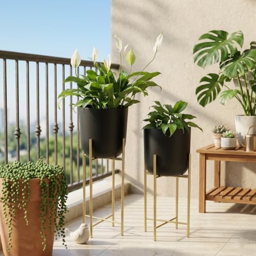 Image of Metal Decorative Modern Indoor Planters for Home Decor Black Planter Gold Stand for Living Room Bedroom Balcony Home and Office | Modern Flower Pots | Set of 2