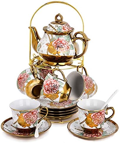 DaGiBayCn 20 Piece European Ceramic Tea Set Coffee set Porcelain Tea SetWith Metal Holder,flower tea set Red Rose Painting,160ML/Cup,460ML/Pot (Large version).