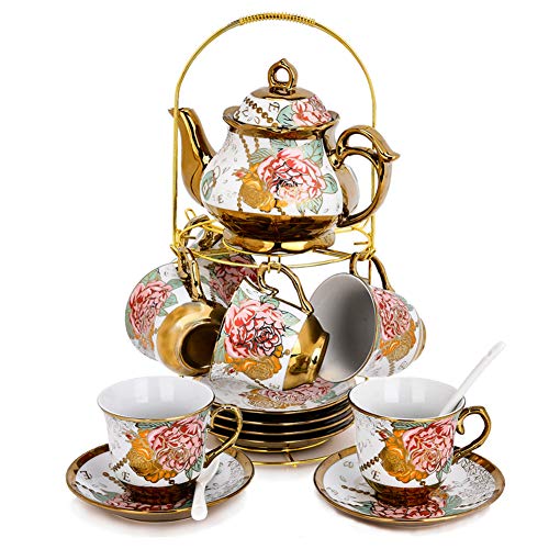 RUXINGGU Juego De Té De Cerámico Clásico Europeo, Exquisita Flor Borde Dorado Juego De Té De Porcelana Juego De Café Vintage con Soporte De Metal, para Regalo, La Boda, La Familia Y La Oficina
