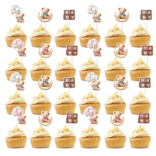 24 decorazioni per torta a forma di orso, blu e rosa, con placca a forma di orso, decorazioni per cupcake per rivelare il sesso del nascituro, per feste di compleanno per bambini, decorazioni per