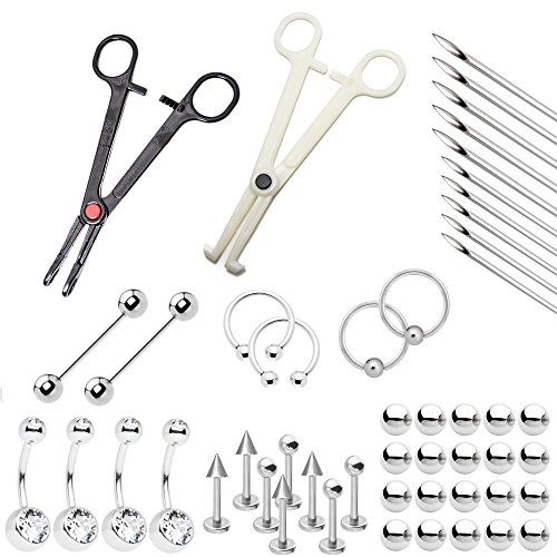 Complete Body Piercing Kit - 50-Piece Assorted Jewelry, Needles and Tools - Lip, Nipple, Belly, Eyebrow, Tongue, Ear