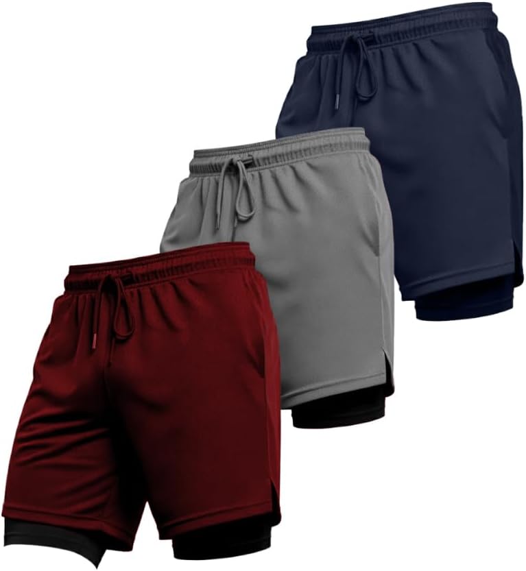 Kit 3 Shorts Masculino 2 em 1 Fitness Bermuda Para Treino