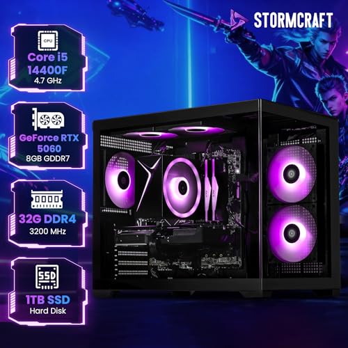 Image of STORMCRAFT Sirius Gaming Desktop Intel i5 14400F,RTX 5060,32GB DDR4,1TB NVMe SSD,B760 Chipset,USB Type-C,VR-Ready,Wi-Fi 6E,Bluetooth,Win 11 Home,AI Gaming PC Tower Computers