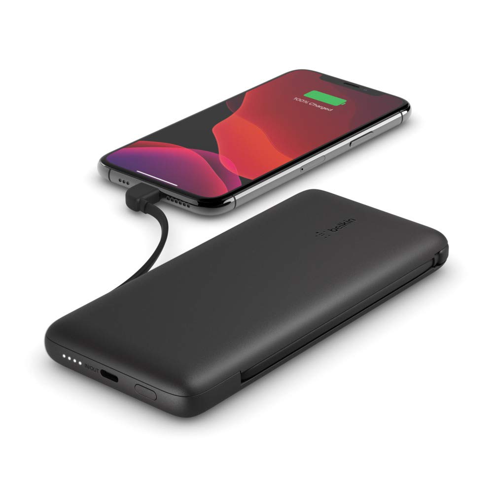 Belkin Przenośny powerbank i ładowarka BOOSTCHARGE Plus 10K (10 000 mAh ze zintegrowanymi kablami Lightning (MFI) i USB-C oraz dodatkowym portem ładowania USB-C) – czarny