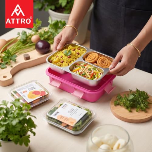 Image of ATTRO JoyBox Steel Lunch Box, 3 Compartment, Stainless Steel Inner Tray, Leakproof Airtight Lid, 4-Side Locks, BPA-Free Food Grade Lunch Box for Kids, School & Office - Yellow Pink-750ml