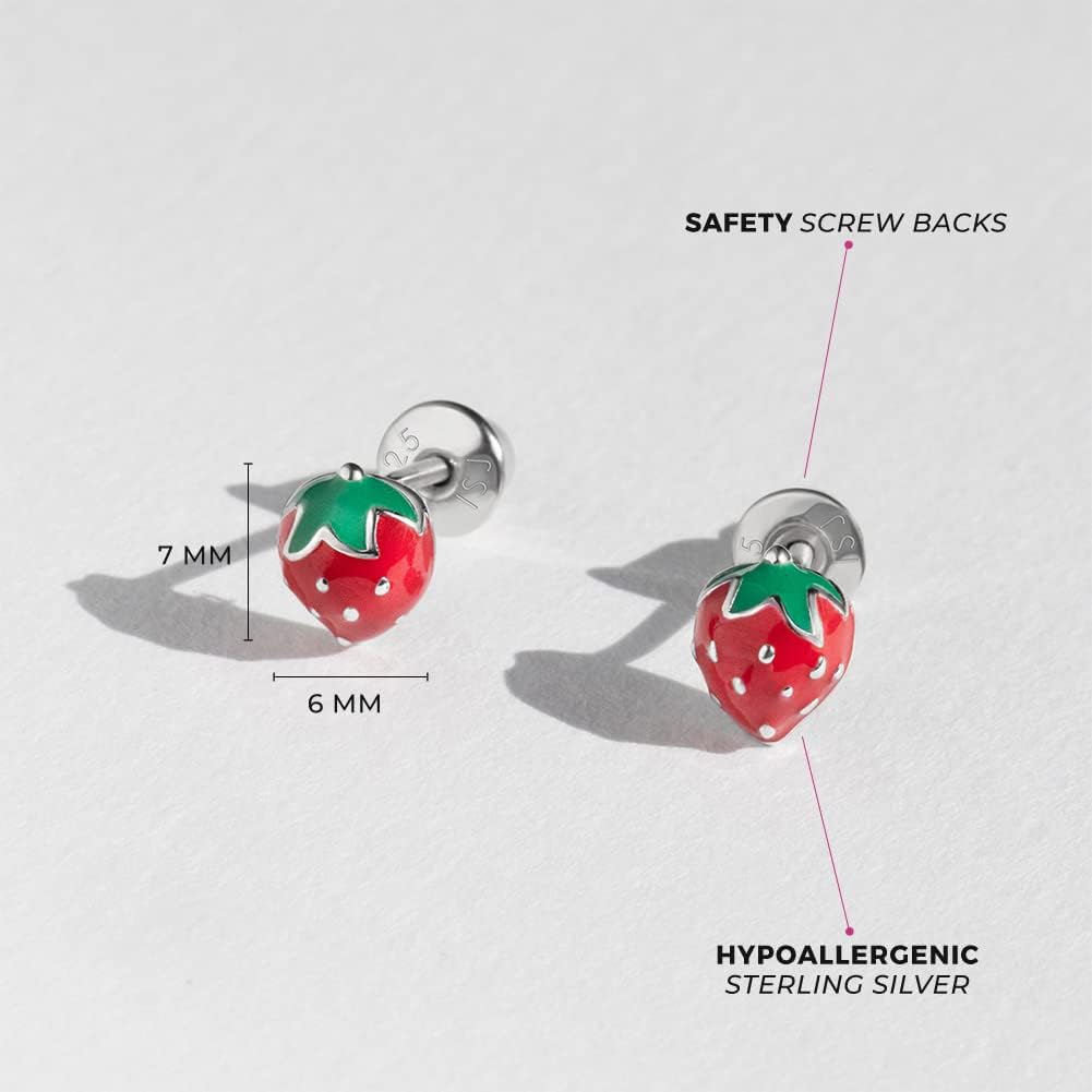 In Season Jewelry Strawberry Stud Earrings for Kids - 925 Sterling Silver Earrings for Girls with Secure Screw Backs - Safe & Comfortable for Toddlers, Kids & Little Girls - Image 4