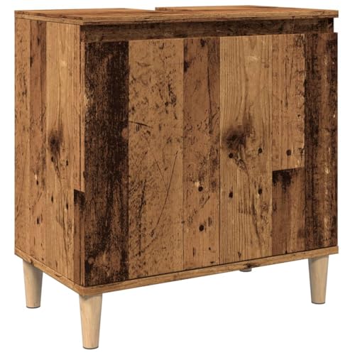 Foknhdi Mueble bajo lavabo de 58 x 33 x 60 cm, madera maciza de eucalipto, mueble de baño con patas de madera y puertas, para baño pequeño