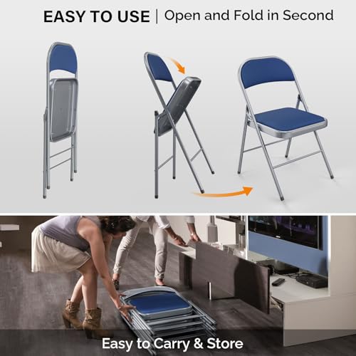 Image of VINGLI 4 Pack Folding Chairs with Padded Seats, Metal Frame with Fabric Seat & Back, Capacity 350 lbs, Blue, Set of 4