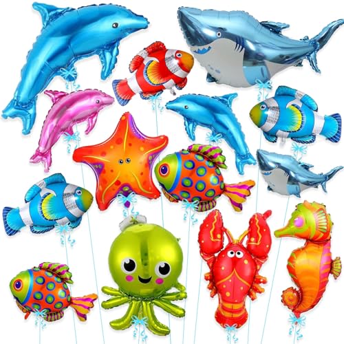 Image of Rozi Decoration Under the Sea Foil Balloons Set - 14 Pcs Ocean Theme Party Decorations | Shark, Dolphin, Octopus, Seahorse, Starfish & Fish Balloons | Birthday, Baby Shower, Kids Pool Party Supplies