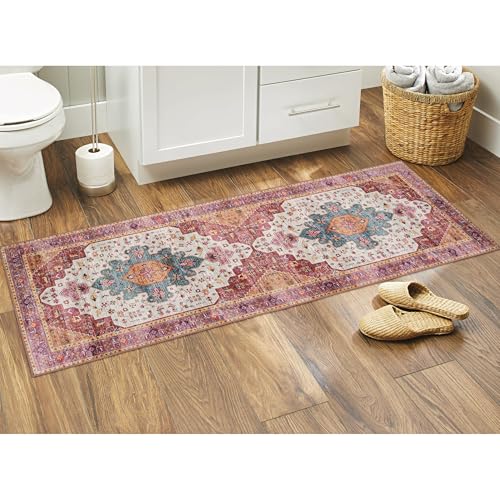 Moynesa Ultra-Thin Washable Runner Rug - Pink 2x5 Bathroom Rug Low Pile Hallway Rug Runner, Non Slip Pet Friendly Indoor Floor Carpet Runner for Kitchen Living Room Bedside Laundry Room