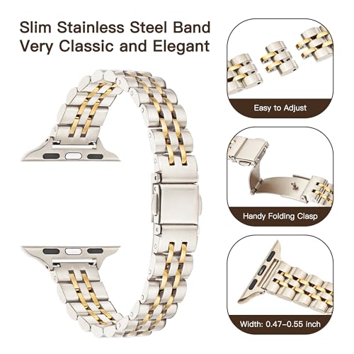 Image of Wipalor Thin Classic Metal Chain Band Fit Slim Apple Watch Bands for women 42mm 44mm 45mm 49mm, Dressy Designer Stainless Steel iWatch Bands for iPhone Watch Series 10 9 SE 8 7 6 5 4 Ultra-Starlight /Gold