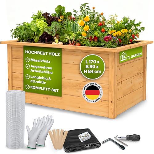 TTL GARDEN Holz-Hochbeet LARENA L 170x90x84cm - Garten Hochbeet aus Holz - Hochbeet Kit & Kräuterbeet Set Bausatz mit Wühlmausgitter Holzhochbeet wetterfest - für Gemüse Kräuter & Blumen