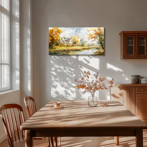 SERIMINO Rustic Landscape Large Wall Art, Forest Lake Cottage Painting Art Prints, Countryside Autumn Scenery Home Decor Artwork, Nature Canvas Wall Pictures for Living Room Bedroom Farmhouse 20"X40"