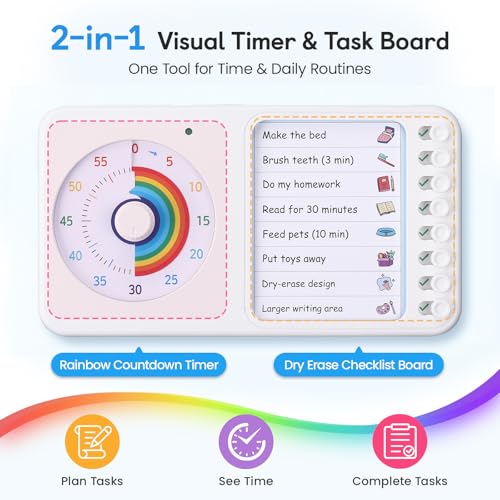 Image of 2-in-1 Visual Timer with Task Board for ADHD & Autism, Dry Erase Chore Chart and Visual Schedule for Kids & Adults, Rainbow Countdown Timer for Classroom, Home, Homeschool (White)