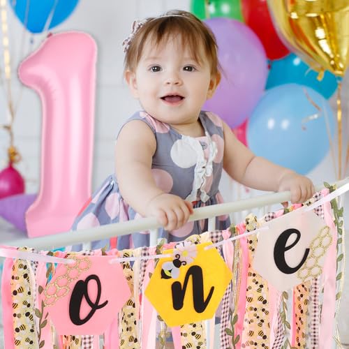 Image of Happy 1st Bee Day Highchair Banner for Girls Birthday Party Decorations | Pink Bumble Bee High Chair Fabric Banner for Bee First Birthday High Chair Tassel Banner for Backdrop Decoration Photo Props