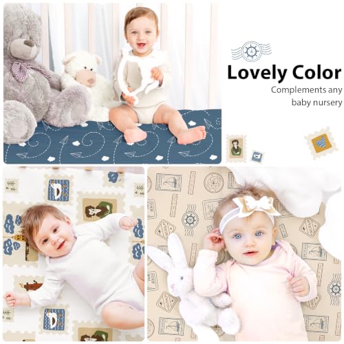 Image of Baby Crib Sheets for Boys and Girls, 3 Pack Toddler Bed Sheets for 52 inchx28 inch Standard Toddler Mattresses, Soft Microfiber Fitted Crib Sheets Neutral Sea Voyage Stamp