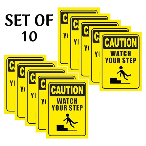 Image of CVANU CAUTION Watch Your Step Warning Safety Self-Adhesive Waterproof PVC Vinyl Sign Sticker Size (11.7inchX8.3inch) Pack of 10