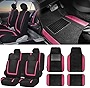 TLH Unique Flat Cloth Automotive Car Seat Covers Full Set, Pink Color Universal Fit w/ Interior Accessories Carpet Floor Mats Matching Color for Van, Car, SUV