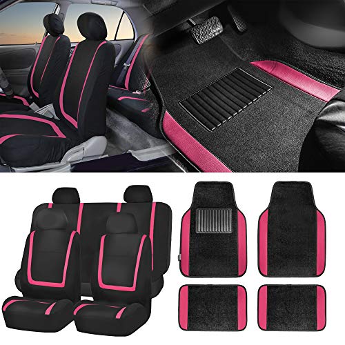 TLH Unique Flat Cloth Automotive Car Seat Covers Full Set, Pink Color Universal Fit w/ Interior Accessories Carpet Floor Mats Matching Color for Van, Car, SUV