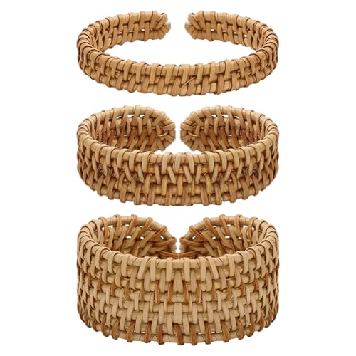 3 Pcs Rattan Bracelet Boho Handwoven Wooden Braided Open Cuff Bangle Bracelet Adjustable Wrap Bangle for Summer Women Wrist Jewelry