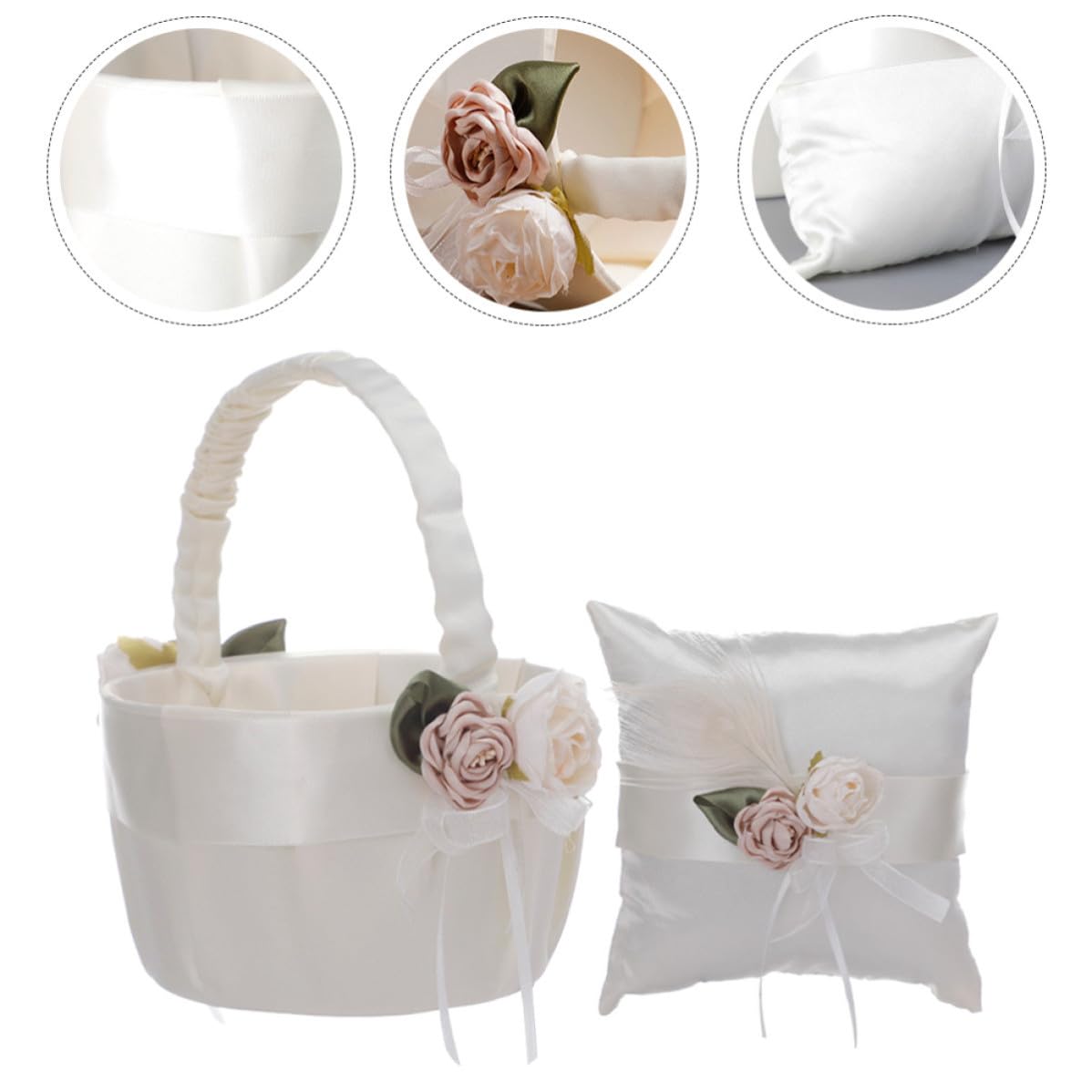 jojofuny Set de Coussin pour Alliances et Panier de Demoiselle D'honneur en Satin Blanc avec Nœud Élégant, pour Cérémonie de Mariage Romantique et Délicate