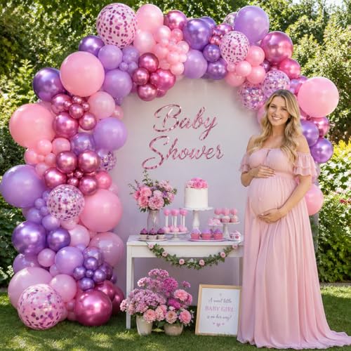 Image of Pink and Purple Balloons, 60 Pcs 12 Inch Pastel Metallic Purple Pink Confetti Balloons with Magenta Balloon for Girls Women Birthday Baby Shower Bridal Shower Wedding Princess Party Decorations