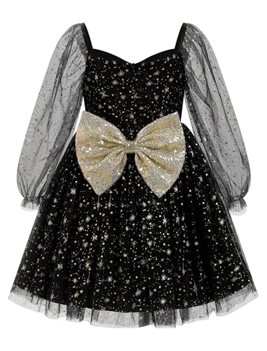 OBEEII Girls Birthday Party Dress Long Sleeve Star Glitters Tulle Gown Sequin Bowknot Princess Pageant Christmas Dress2