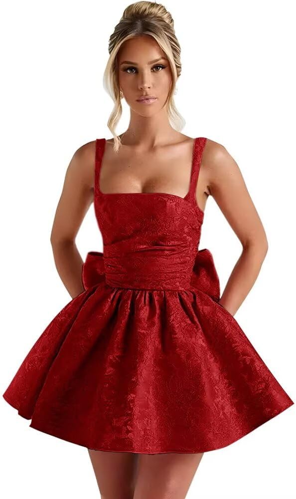 Satin Jacquard Homecoming Dresses for Teens Spaghetti Strap Square Neck Short Prom Dress Aline Formal Gown with Bow