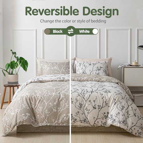 Image of Lekesky King Size Duvet Cover Set, Reversible Duvet Cover King with Branch Pattern, Lightweight Soft Microfiber Comforter Cover, 3 Pieces Khaki Bedding Set with Zipper and 2 Pillowcases