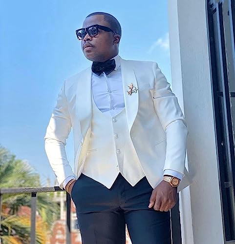 Kromoc Men's Shawl Lapel Three-Piece Suit,Jacket Vest Pants Groom Prom Party Banquet Tuxedos3