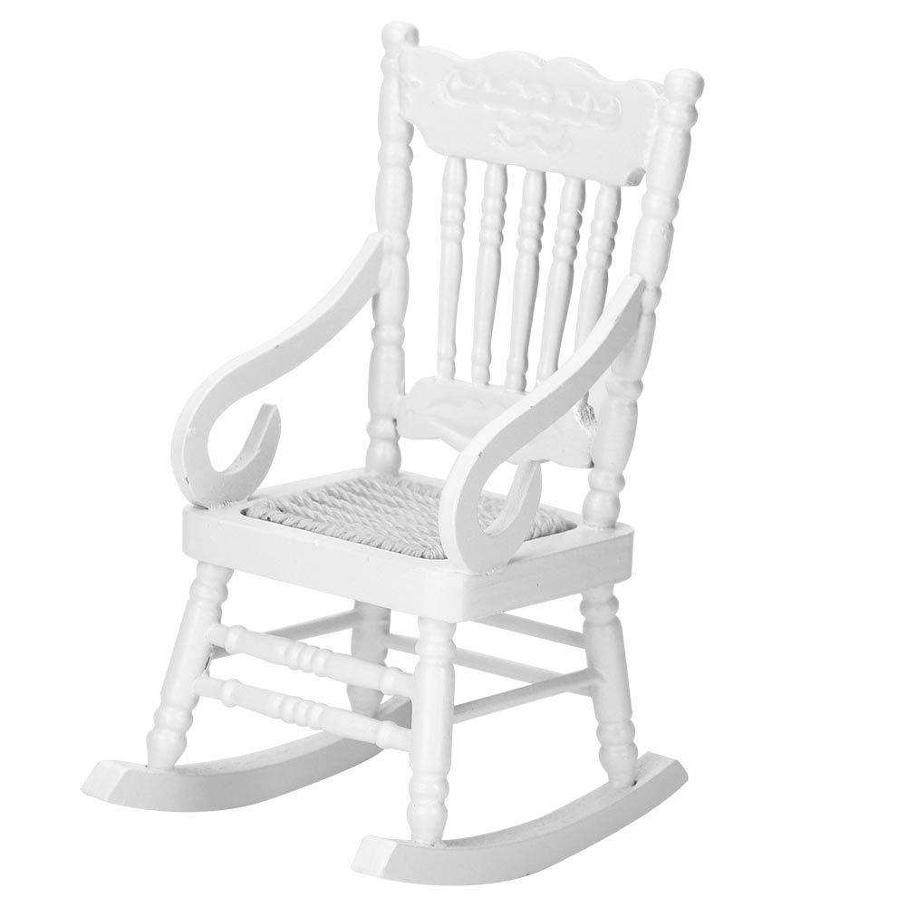 Miniature Dollhouse Rocking Chair, 1:12 Simulation Mini Furniture Exquisite Wooden Rocking Chair for Fairy Gardens Dollhouse Decoration Accessories (White)