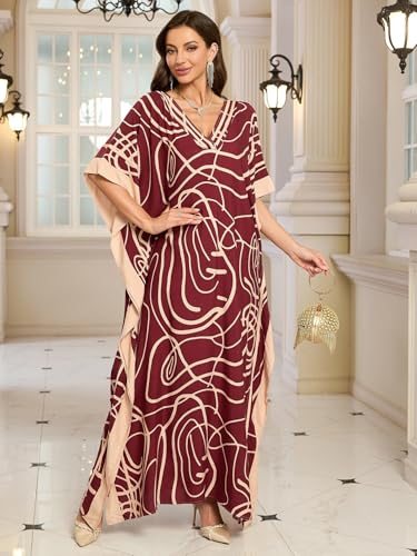 Image of KECVOT Kaftan Dresses for Women V-Neck Print Swimsuit Cover Up Plus Size Beach Caftan Lounge Dress