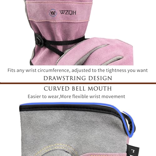 Image of WZQH Leather Work Gloves for Men or Women. XX-Large Glove for Gardening, Tig /Mig Welding, Construction, Chainsaw, Farm, Ranch, etc. Cowhide, Soft Lining, Utility, Firm Grip, Durable. Pink-Grey 2XL