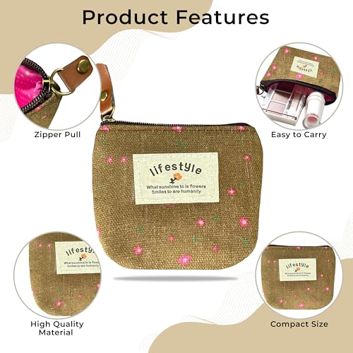 Image of Kraptick Multipurpose Coin Pouch for Men & Women, Compact Coin Organiser, Cash & Coin Holder Pouch, Stylish Mini Money Pouch for Everyday Use (Brown Flower)