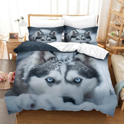 Perro Husky Funda De Edredón 3D Impresión Animale Bonito Familiar Y Niño Funda Nórdica con Cremallera Juego De Cama Y Funda De Almohada Microfibra 3 Piezas Single（140x200cm）