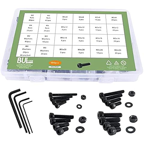 Screw Nuts Set M2 M3 M4 M5 Carbon Steel Stainless Steel Hex Button Screws Washers Assortment Kit with Storage Box + Wrench 480pcs Cover
