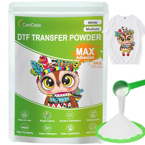 CenDale 1KG/35.2OZ White DTF Transfer Powder: Hot Melt Adhesive Digital DTF Transfer Powder for Sublimation Ideal for All Fabrics Including Jeans/Cotton T-Shirts Compatible with DTF/DTG Printers