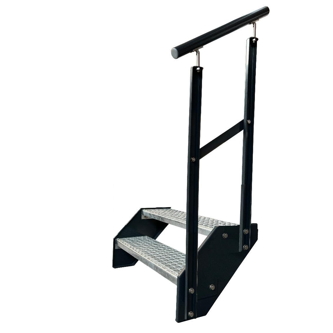 Premium Stahl Treppe mit Geländer Rechts/Wangen und Geländer Anthrazit RAL 7016/2 Stufen verzinkt (Breite 1200 mm) (Höhe 38 cm) Wetterfest Gitterroststufe Gartentreppe
