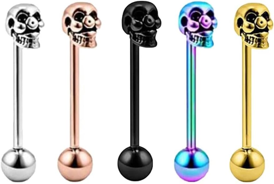 Kopida 5PCS Punk Skull Tongue Nipple Bar Barbell Piercing Rings Skull Head Skeleton Tongue Piercing Barbell Piercing Body Jewelry Tongue Ring Alloy Tongue Accessory Hip Hop Tongue Bar