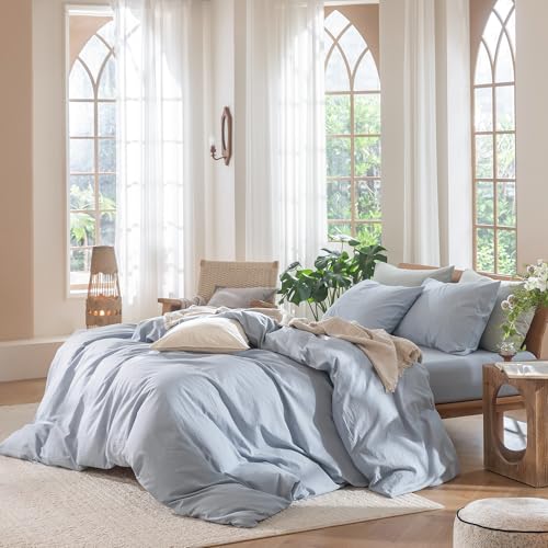 Image of MooMee Duvet Cover Set 100% Washed Cotton Linen Like Alaska King | Relaxed Linen-like Texture. Soft, Breathable & Long-lasting Comfort. Lightweight. Hidden Zipper with 8 Interior Corner Ties