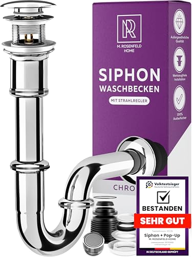 Röhrensiphon Waschbecken aus Messing + Chrom Ablaufgarnitur POP UP Ventil mit Überlauf + Strahlregler M24 Wassersparer mit Sieb - Alles Dabei