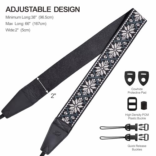 Image of Padwa Lifestyle Camera Strap - 2 inch Full Grain Leather Ends Camera Straps for Photographers, Vintage Embroidered Cotton Weave Soft Strap Quick Release fits All Cameras