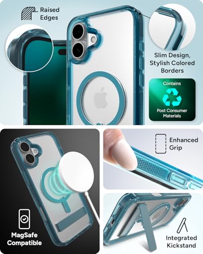 Image of ZAGG Santa Cruz Snap with Kickstand Case for iPhone 16 Plus - MagSafe Compatible, 13ft Military-Grade Drop Protection, Reinforced with Graphene, Slim Clear Case with Vibrant Color Accents, Retro Blue