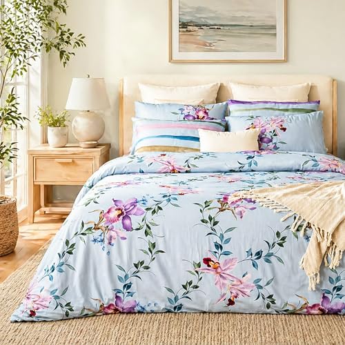 Image of Digitally Printed Premium Bedsheet Set | 300 TC 100% Cotton 1 Queen Bedsheet Set | Extra Smoothness with Sateen Weave| Orchid Blue Bedsheet Set (1 Flat Sheet + 2 Pillow Cases)