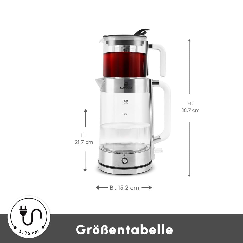 Karaca Luma Glas-Teemaschine, 2200W – 0,8L Teekanne & 2L Wasserkocher, Warmhaltefunktion, LED-Beleuchtung, 30 Gläser/13 Tassen Kapazität, Glasdesign mit Griffen