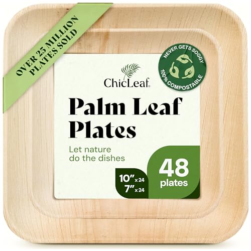 Chic Leaf Compostable & Biodegradable Palm Leaf Disposable Bamboo Plates - Disposable Party Plates for Appetizers - Camping Essentials - Reusable Party Supplies (10 & 7 Inch Square)
